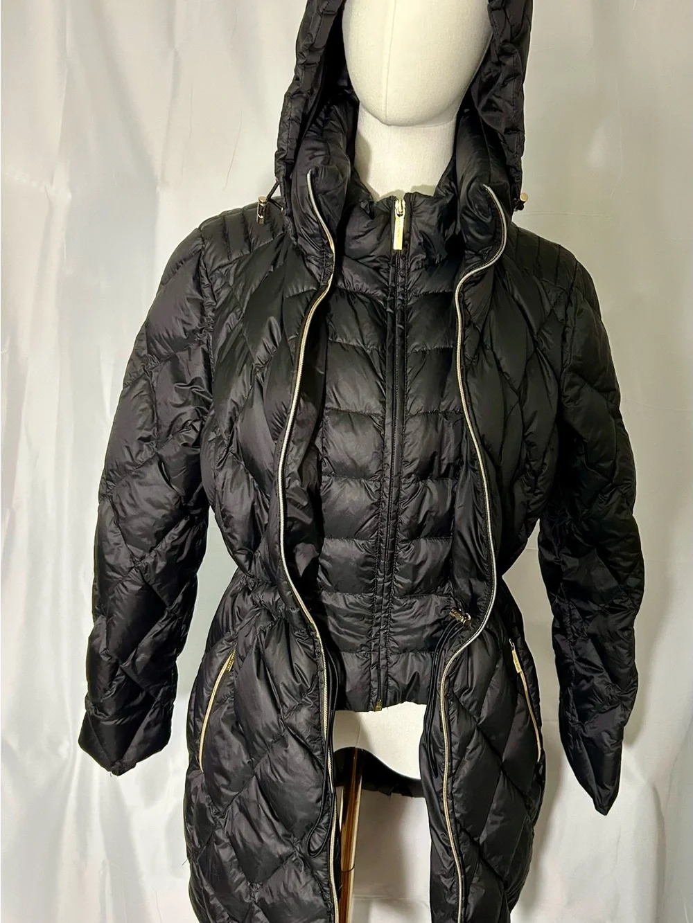 Michael Kors Black Diamond Quilted Down Puffer Coat Petite Large Hooded Fitted